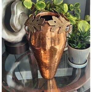 Vtg Hammered Copper Vase Brass Leaf Handles Rustic Cottage Farmhouse 14" Tall
